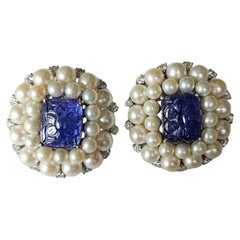 Set in 18K Gold, carved Tanzanite, Freshwater Pearls & Diamonds Stud Earrings