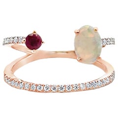 Modern Style Open Bypass Ring 14K Rose Gold with Diamonds, Ruby & Opal- Size 7