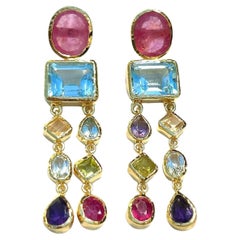 Bochic “Orient” Ruby & Multi gem Cascading Earrings Set 18K Gold&Silver