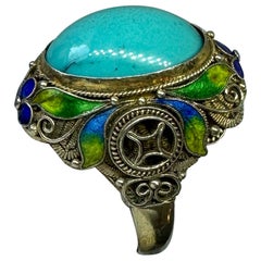 Art Deco Chinese Export Ring Natural Turquoise Enamel Silver Gilt Flower Motif