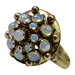 Fire Opal Ring Art Deco Princess Bombe 14 Karat Gold Opals Blue Green