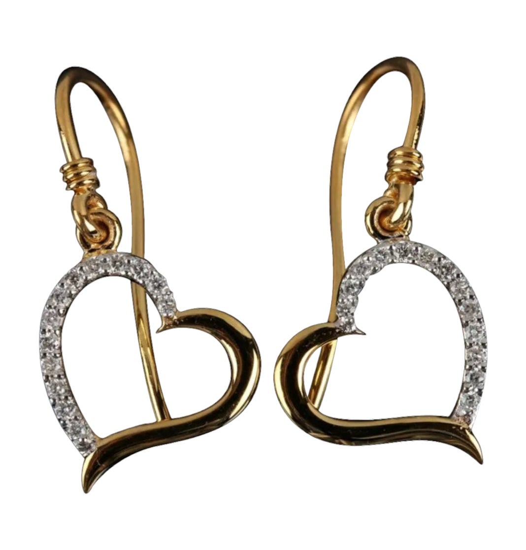Genuine Diamond Heart Shaped Hook Earrings Solid 14K Yellow Gold Fine Jewelry