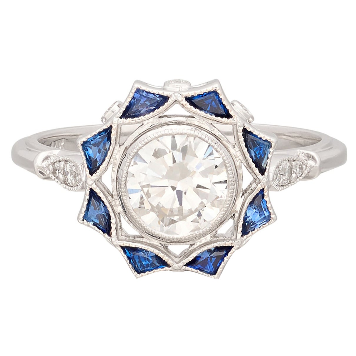 White Gold GIA Diamond & Sapphire Engagement Ring For Sale