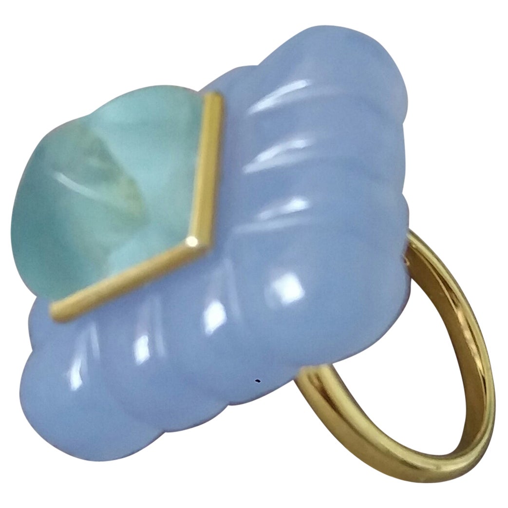 Chalcedony Engraved Rectangular Cushion Aquamarine Pyramid 14k Solid Gold Ring