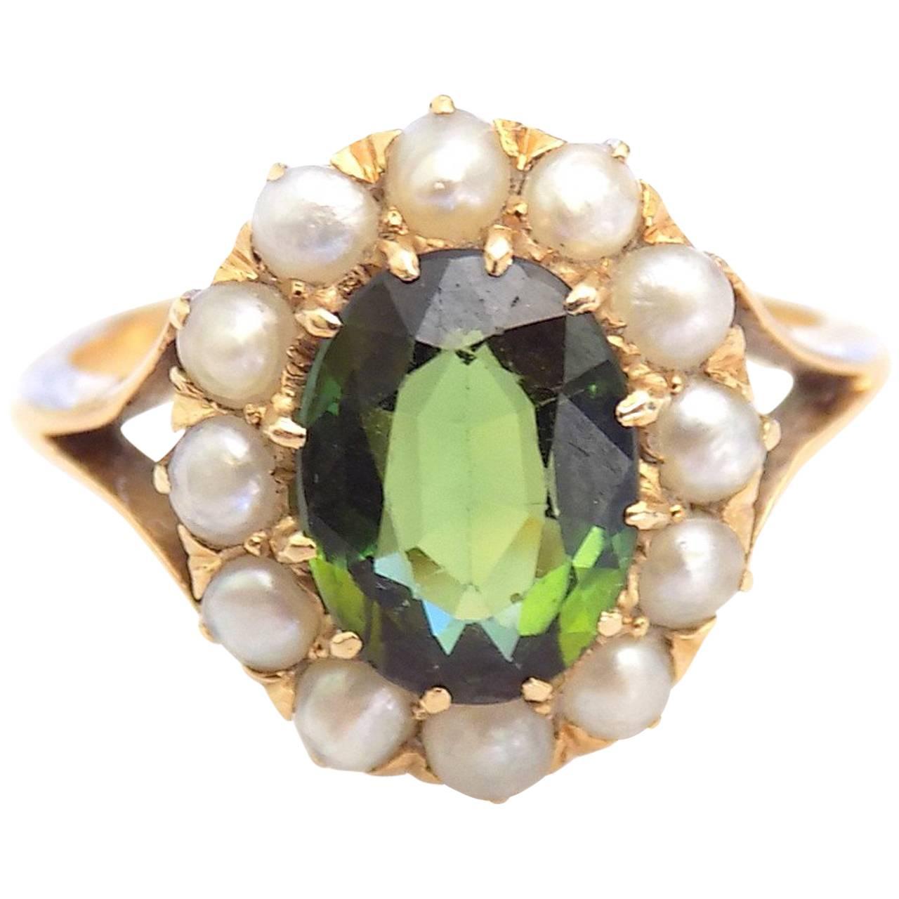 18K Antique Victorian Green Tourmaline Seed Pearl Yellow Gold Ring