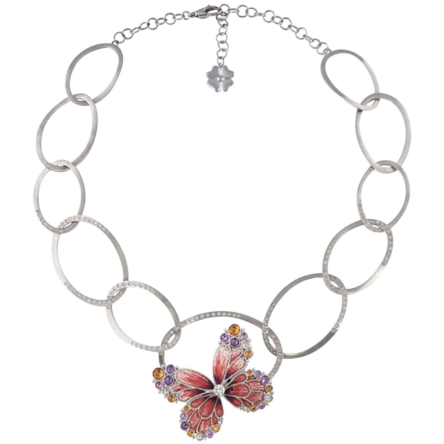 Stylish Necklace White Diamond White Gold Multicolor Sapphires Micromosaic