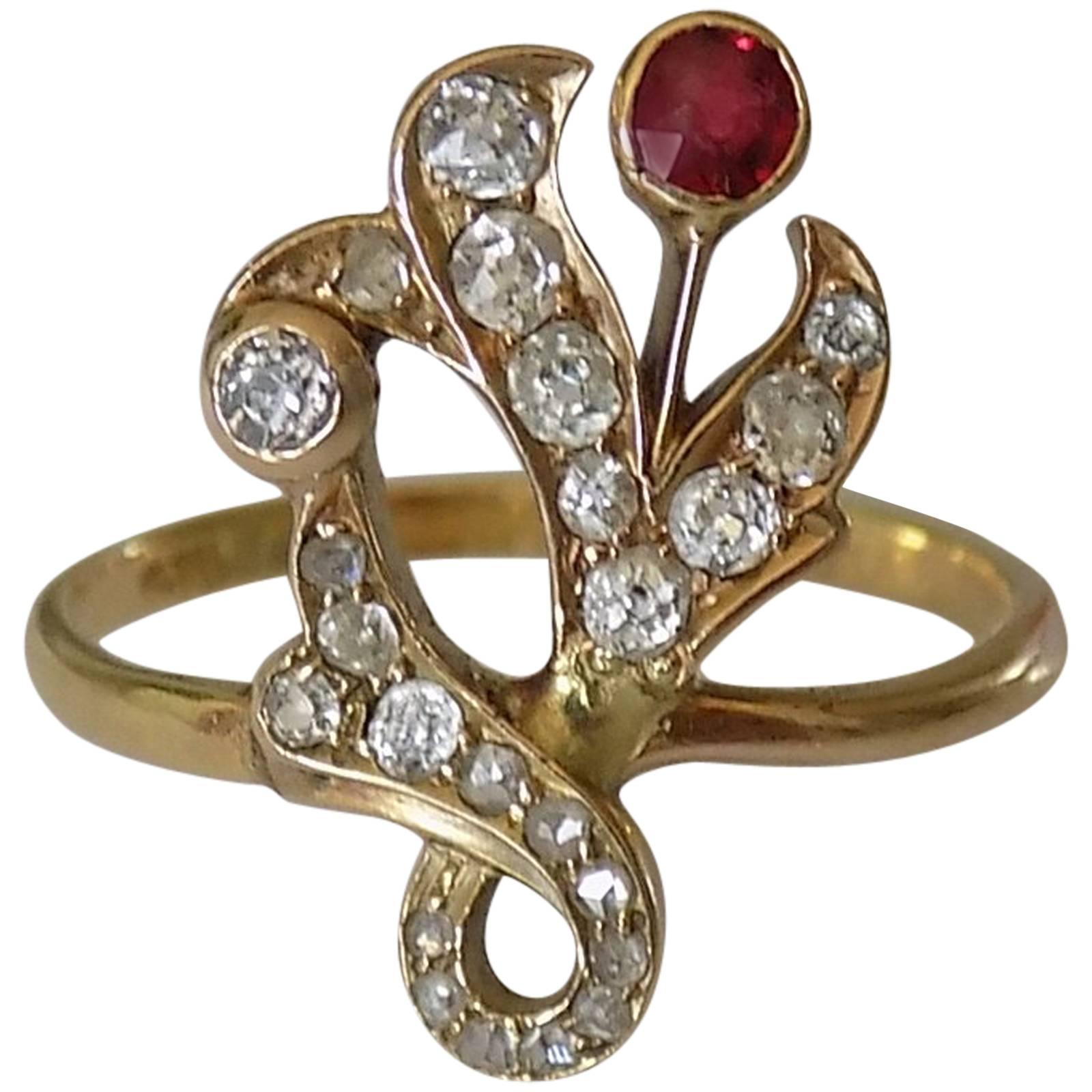 18K 1890s Art Nouveau Diamond Garnet Yellow Gold Ring