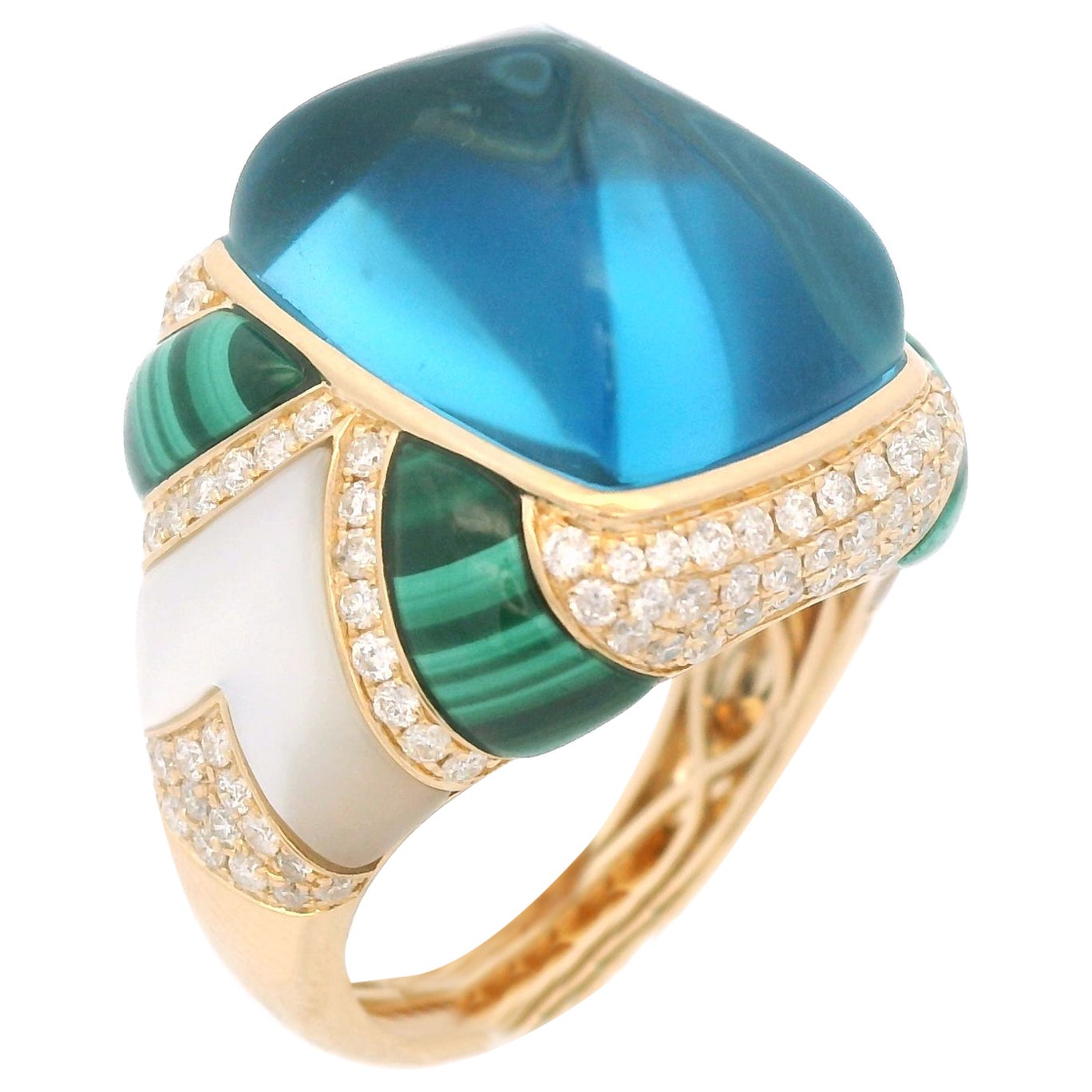 This ring, a size US 6.5 with available resizing options, is a striking creation in 14-karat yellow gold. It features a sizable 11.05-carat blue topaz as its centerpiece. The topaz, with its tranquil blue hue, is cut to a smooth dome, reflecting
