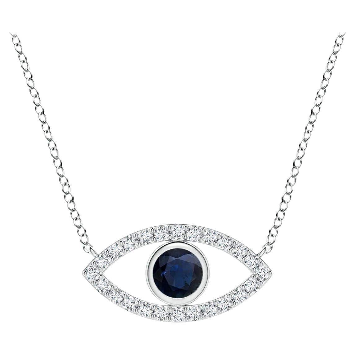 Natural Blue Sapphire Evil Eye Pendant with Diamond Accents in 14K White Gold