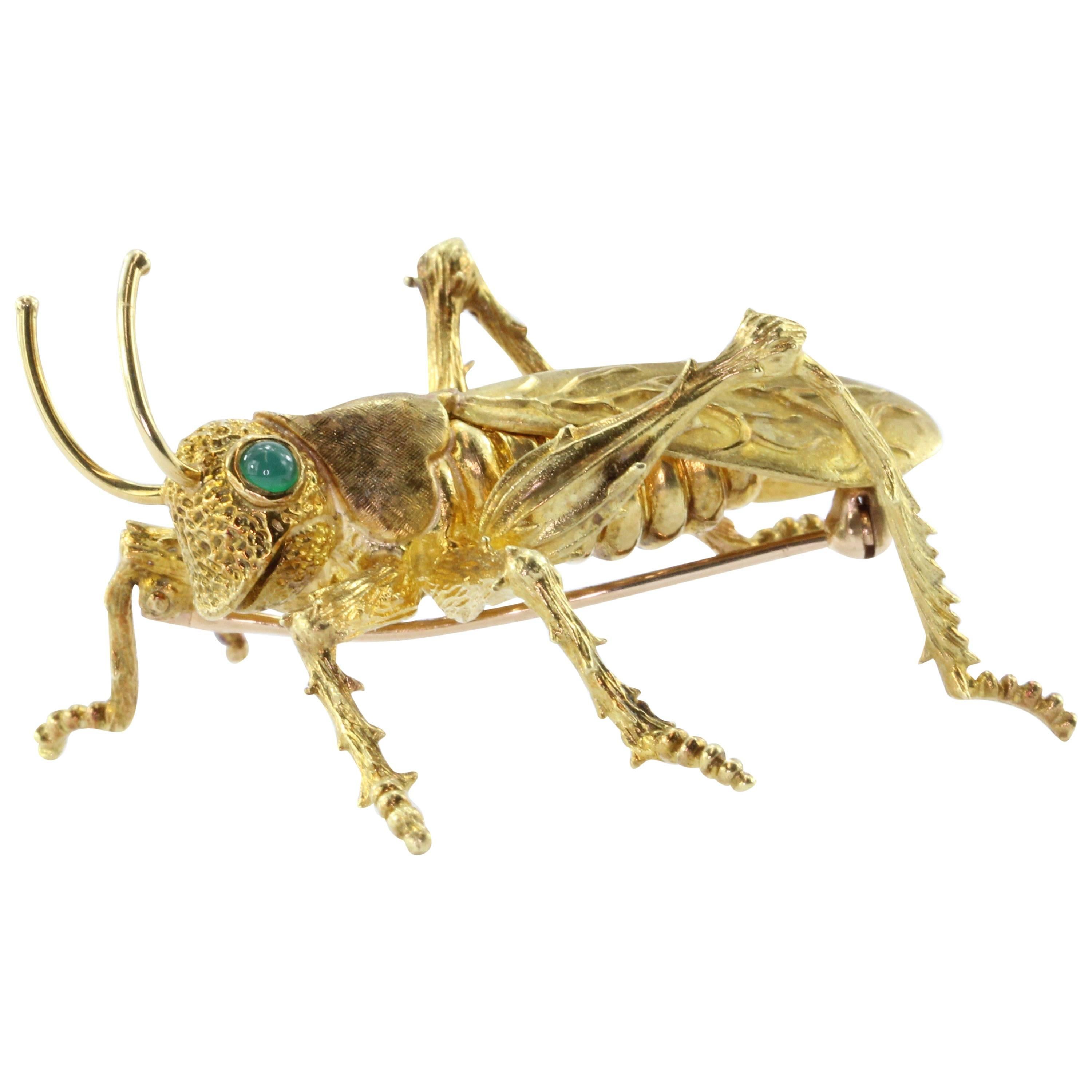 Kurt Wayne Emerald Gold Naturalistic Grasshopper Brooch Pin