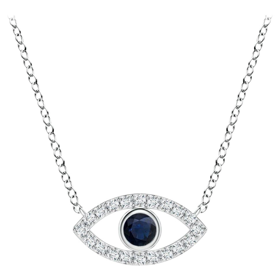 Natural Blue Sapphire Evil Eye Pendant with Diamond Accents in 18K White Gold