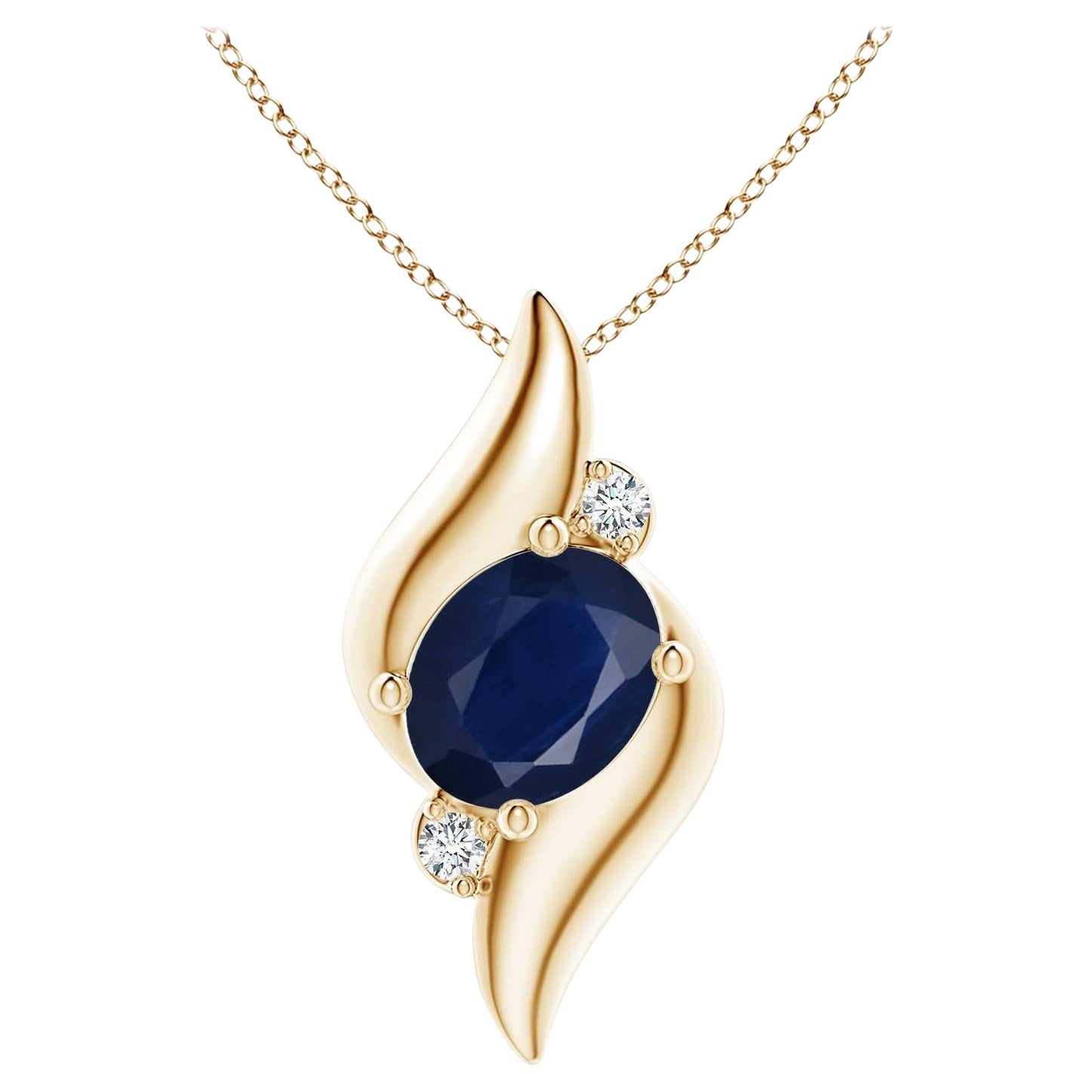 Natural Shell Style Oval Sapphire and Diamond Pendant in 18K Yellow Gold