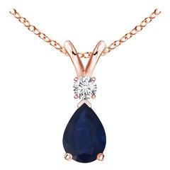 Natural Blue Sapphire Teardrop Pendant with Diamond in 18K Rose Gold