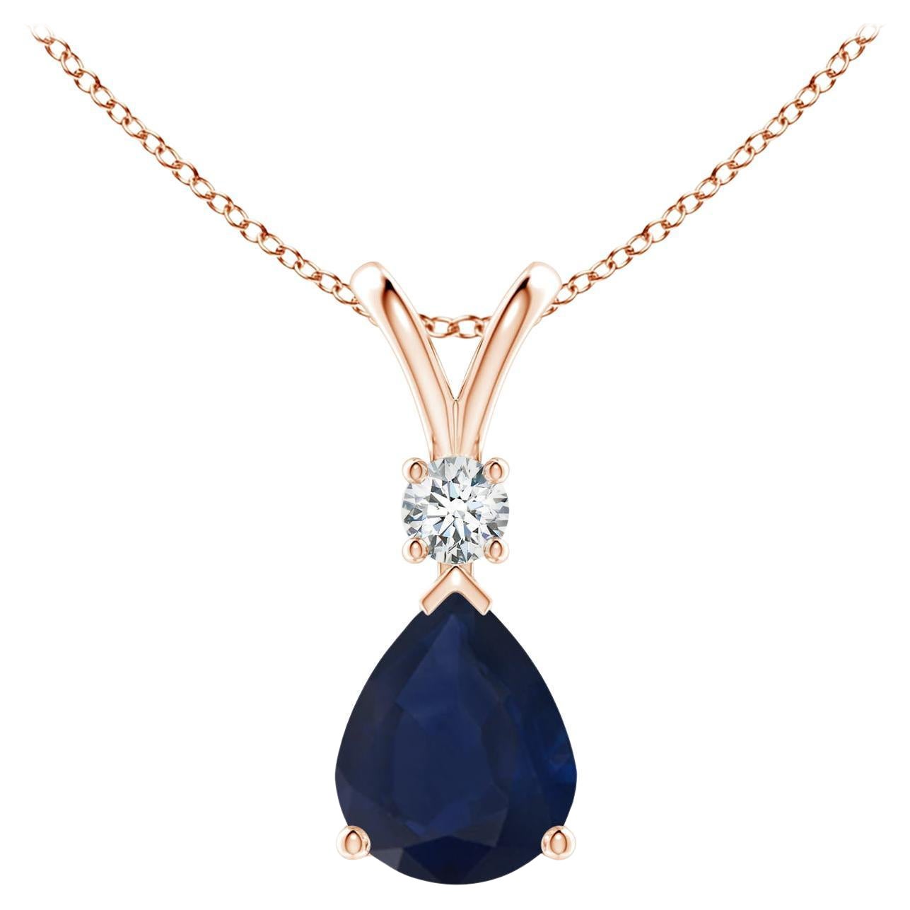 Natural 3 ct Blue Sapphire Teardrop Pendant with Diamond in 14K Rose Gold