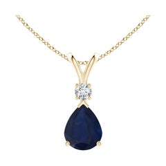 Natural 3 ct Blue Sapphire Teardrop Pendant with Diamond in 14K Yellow Gold