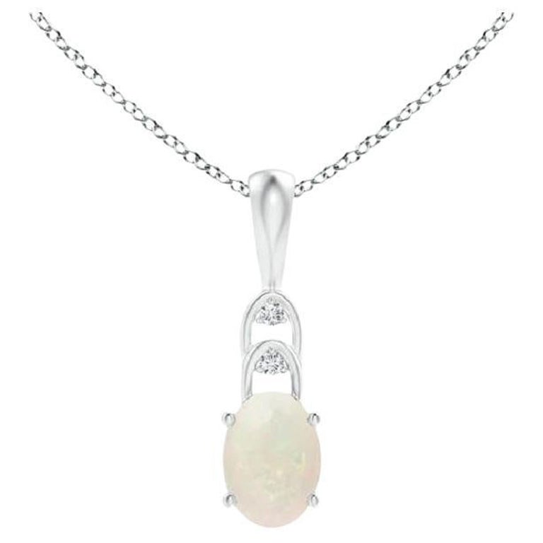 Natural Oval Opal Solitaire Pendant with Diamonds in Platinum