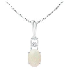Natural Oval Opal Solitaire Pendant with Diamonds in 14K White Gold
