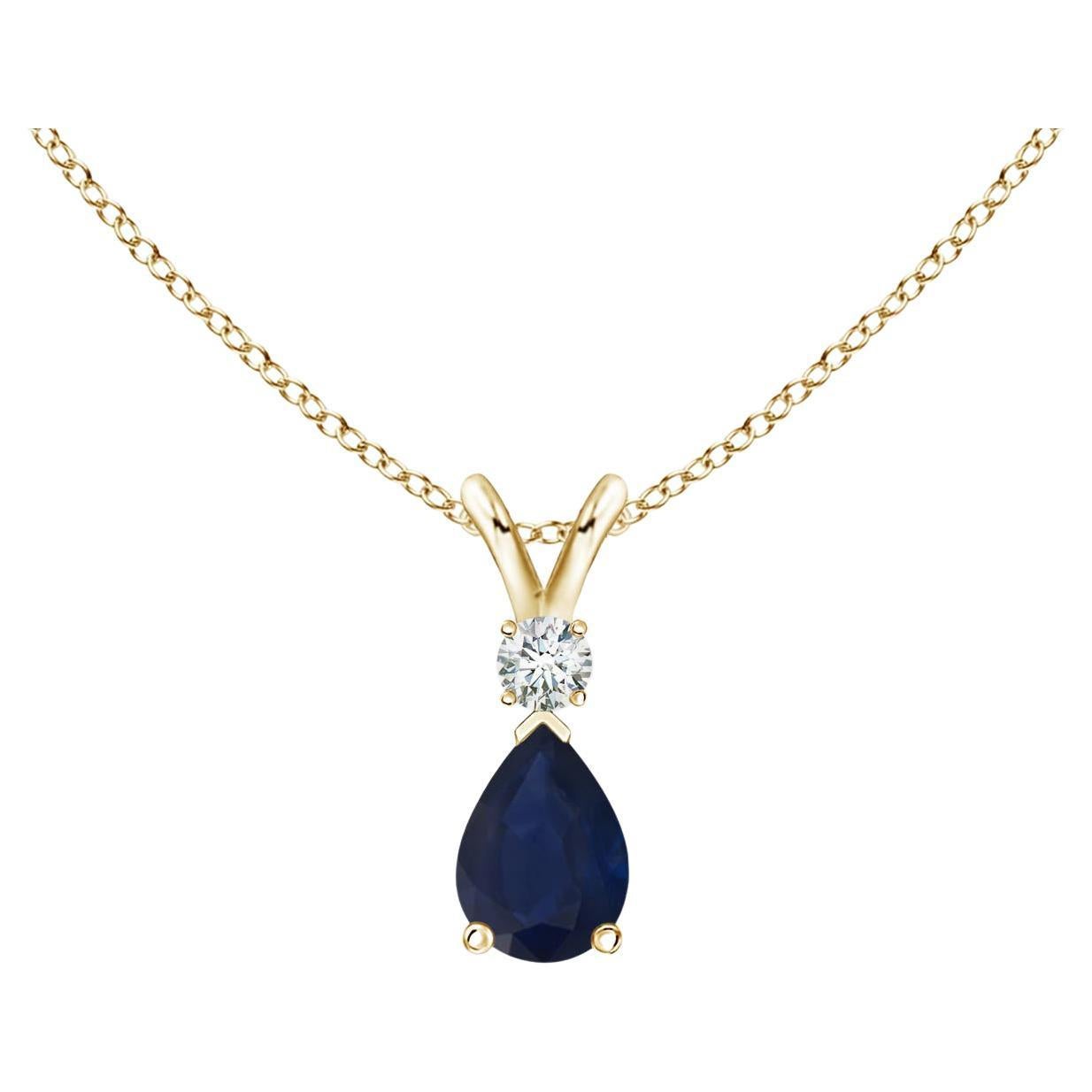 Natural Blue Sapphire Teardrop Pendant with Diamond in 18K Yellow Gold
