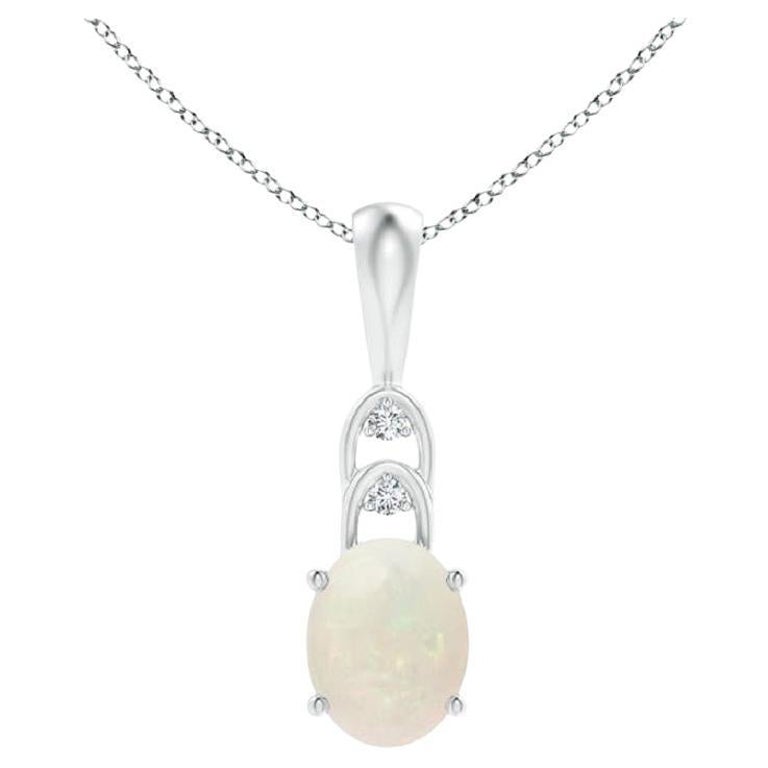 Natural Oval 1.1 ct Opal Solitaire Pendant with Diamonds in 14K White Gold
