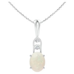Natural Oval 1.1 ct Opal Solitaire Pendant with Diamonds in 14K White Gold
