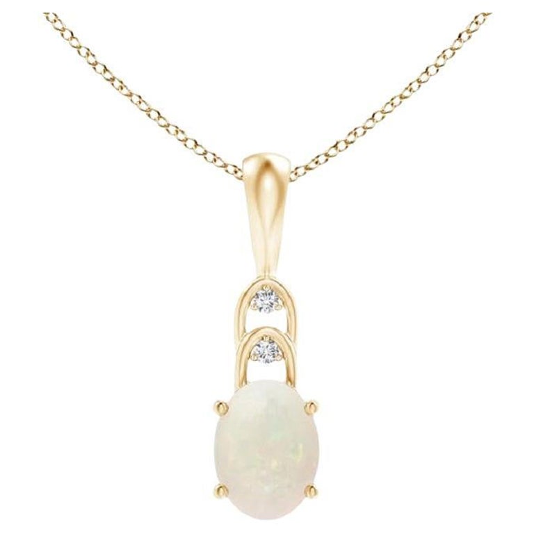 Natural Oval Opal Solitaire Pendant with Diamonds in 14K Yellow Gold For Sale
