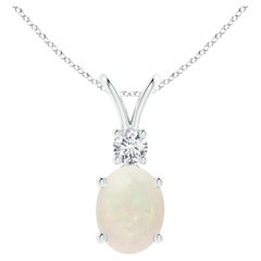 Pendentif en or blanc 14 carats avec opale ovale naturelle de 1,1 carat et boule en V et diamants