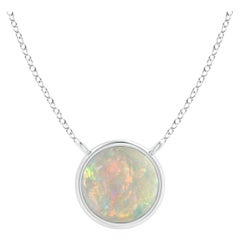 Natural Bezel-Set Round Opal Solitaire Necklace in 18K White Gold