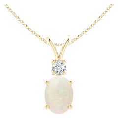 Natural Oval Opal V-Bale Pendant with Diamond Accent in 14K Yellow Gold