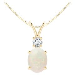 Natural Oval 1.1 ct Opal V-Bale Pendant with Diamond Accent in 14K Yellow Gold