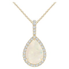 Natural 1.15 ct Opal Teardrop Pendant with Diamond Halo in 14K Yellow Gold