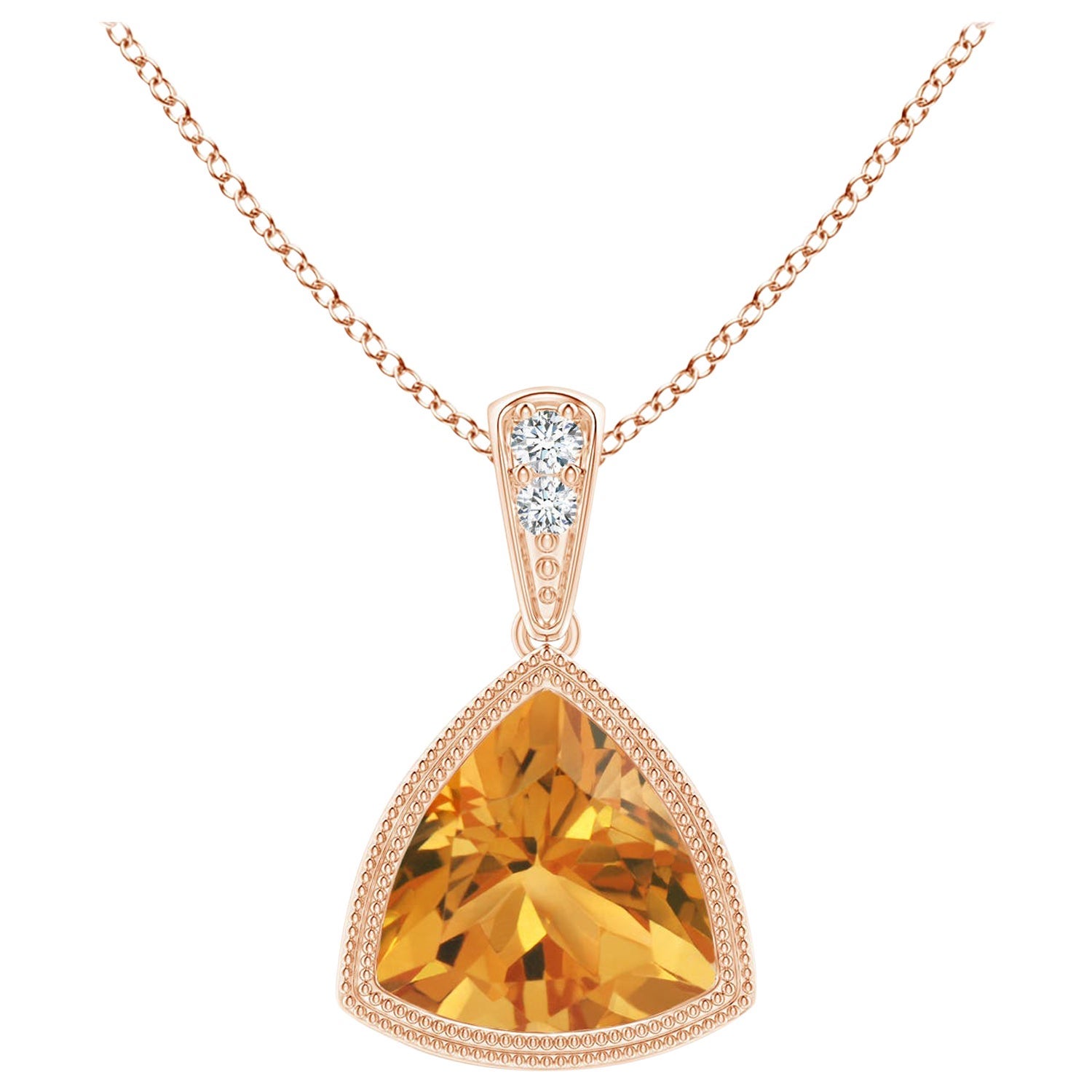 Natural Bezel-Set Trillion Citrine Pendant with Milgrain in 14K Rose Gold For Sale