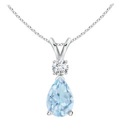 Natural 1.15 ct Aquamarine Teardrop Pendant with Diamond in 925 Sterling Silver