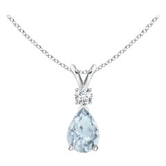 Natural Aquamarine Teardrop Pendant with Diamond in 14K White Gold