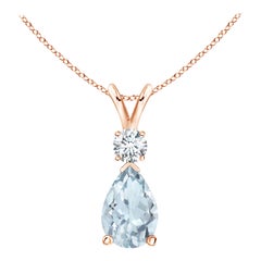 Natural 1.15 ct Aquamarine Teardrop Pendant with Diamond in 14K Rose Gold