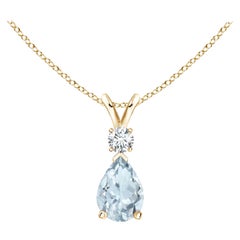 Natural Aquamarine Teardrop Pendant with Diamond in 14K Yellow Gold