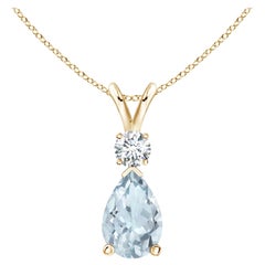 Natural 1.15 ct Aquamarine Teardrop Pendant with Diamond in 18K Yellow Gold
