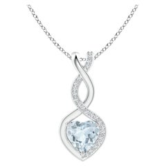 Natural Aquamarine Infinity Heart Pendant with Diamonds in 14K White Gold