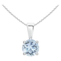 Natural Classic Round Aquamarine Solitaire Pendant in 18K White Gold
