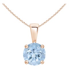 Natural Classic Round Aquamarine Solitaire Pendant in 14K Rose Gold