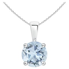 Natural Classic Round 1.12 ct Aquamarine Solitaire Pendant in 18K White Gold