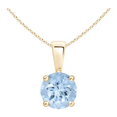 Natural Classic Round Aquamarine Solitaire Pendant in 14K Yellow Gold
