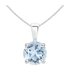 Natural Classic Round 1.12 ct Aquamarine Solitaire Pendant in 14K White Gold