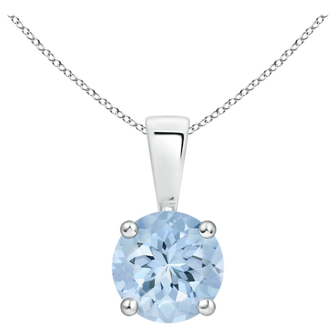 Natural Classic Round Aquamarine Solitaire Pendant in 14K White Gold For Sale