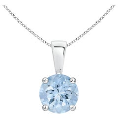 Pendentif en or blanc 14 carats avec solitaire en aigue-marine ronde naturelle Classic