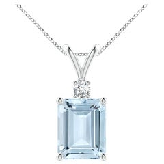 Emerald-Cut 3 ct Aquamarine Solitaire Pendant with Diamond in 14K White Gold