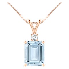 Emerald-Cut 3 ct Aquamarine Solitaire Pendant with Diamond in 14K Rose Gold