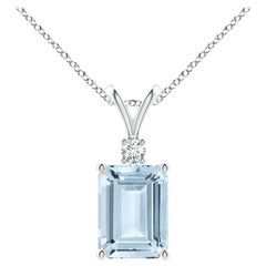 Emerald-Cut 1.35 ct Aquamarine Solitaire Pendant with Diamond in 14K White Gold