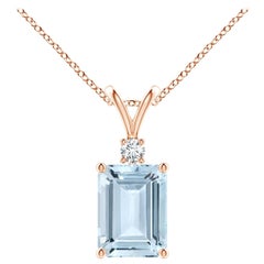 Emerald-Cut 1.35 ct Aquamarine Solitaire Pendant with Diamond in 14K Rose Gold