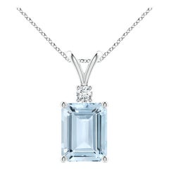 Emerald-Cut 2 ct Aquamarine Solitaire Pendant with Diamond in 14K White Gold