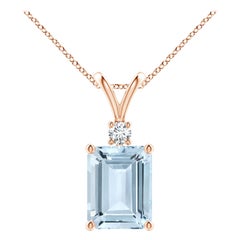 Emerald-Cut 2 ct Aquamarine Solitaire Pendant with Diamond in 14K Rose Gold